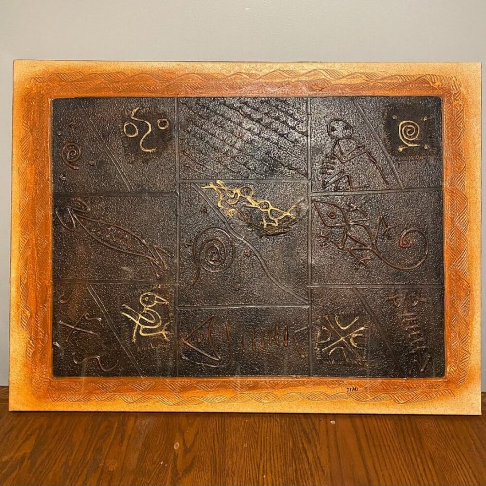 Vintage Tribal Haitian Framed Canvas Panel Art Mixed Media Metallic Gold Deco
